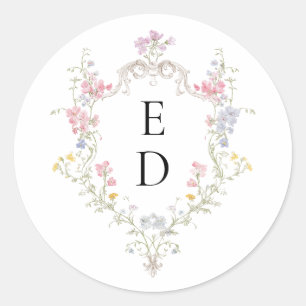 Sticker Rond Monogramme de crête florale rococo élégant fantais