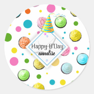 Sticker Rond Monogramme de cupcakes et points d'anniversaire