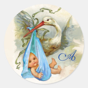 STICKER ROND MONOGRAMME DE DOUCHE DE BÉBÉ DE CIGOGNE,