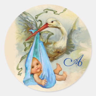 STICKER ROND MONOGRAMME DE DOUCHE DE BÉBÉ DE CIGOGNE,