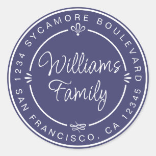 Sticker Rond Monogramme de Famille Chic Adresse de Retour Bleu 