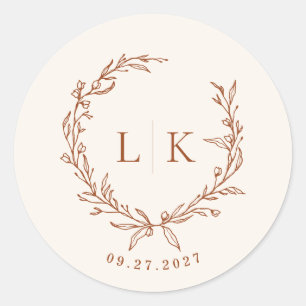 Sticker Rond Monogramme de feuille en terre cuite crème Mariage