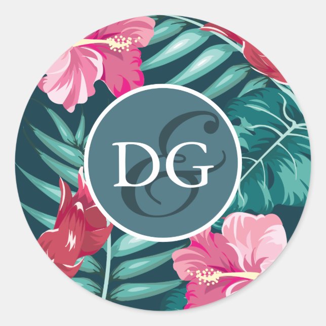 Sticker Rond Monogramme de fleurs d'été exotiques (Devant)