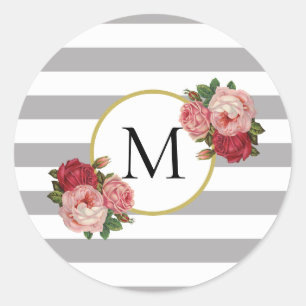 Sticker Rond Monogramme De Fleurs Rétro Gris Blancs