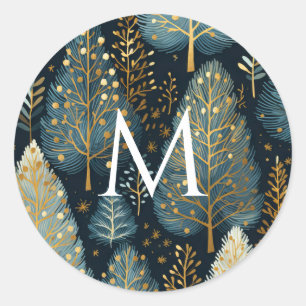 Sticker Rond Monogramme de forêt de vacances en or moderne Noël