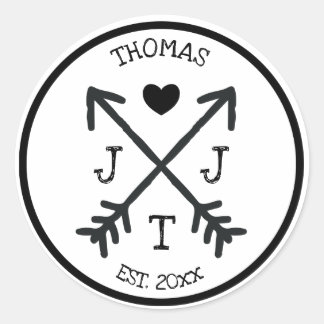 Sticker Rond Monogramme de la flèche cardiaque initiale rustiqu