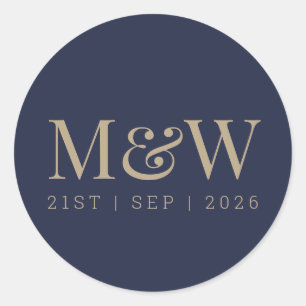 Sticker Rond Monogramme de la mariée d'or bleu marine moderne
