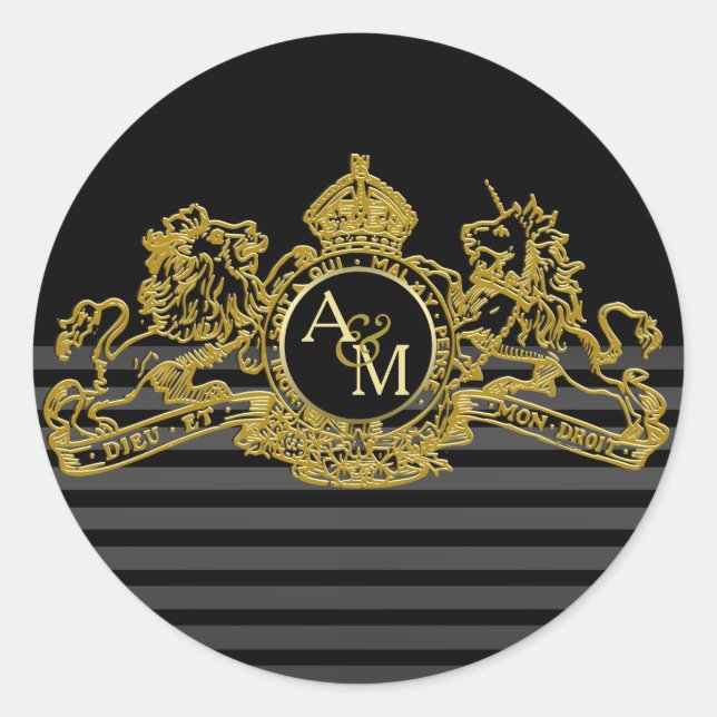 Sticker Rond Monogramme de l'emblème de la licorne d'or noir (Devant)
