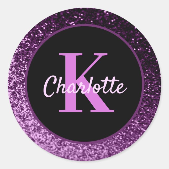 Sticker Rond Monogramme de luxe pailleté rose violet pour anniv (Devant)