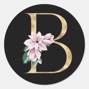 Sticker Rond Monogramme de magnolia floral en lettre B dorée