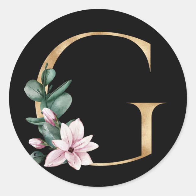 Sticker Rond Monogramme de magnolia floral en lettre G dorée (Devant)