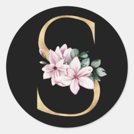 Sticker Rond Monogramme de magnolia floral en lettre S dorée