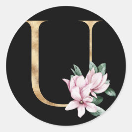 Sticker Rond Monogramme de magnolia floral en lettre U or