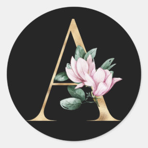 Sticker Rond Monogramme de magnolia floral en or