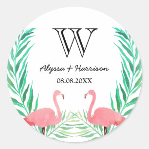 Sticker Rond Monogramme de mariage aux flamants roses et feuill