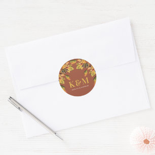 Sticker Rond Monogramme de Mariage de automne de feuillage Brow