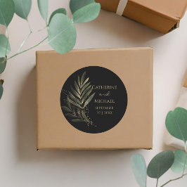 Sticker Rond Monogramme de Mariage de feuille d'or noir moderne