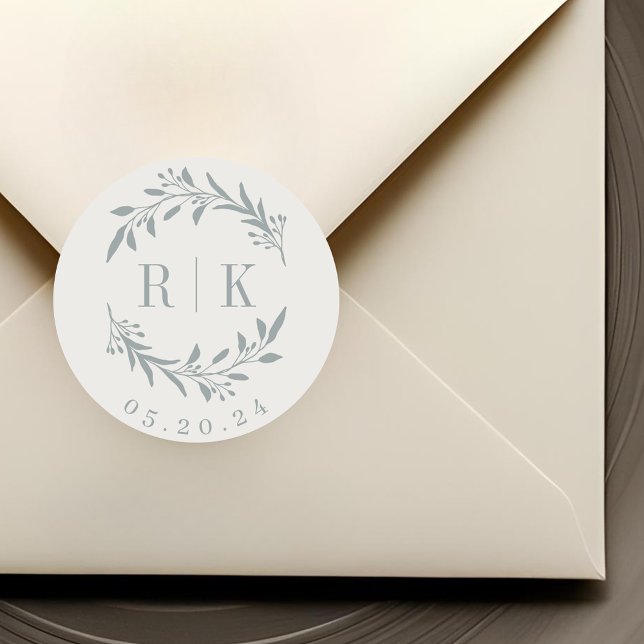 Sticker Rond Monogramme de Mariage de germe bleu rustique (Créateur téléchargé)