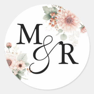 Sticker Rond Monogramme de mariage élégant boho rose poussiéreu