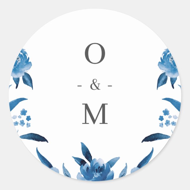 Sticker Rond monogramme de mariage floral bleu et blanc (Devant)