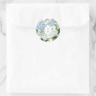Sticker Rond Monogramme de mariage Hydrangea Bleu Poussiéreux