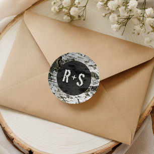 Sticker Rond Monogramme de mariage moderne en écorce d'arbre bo