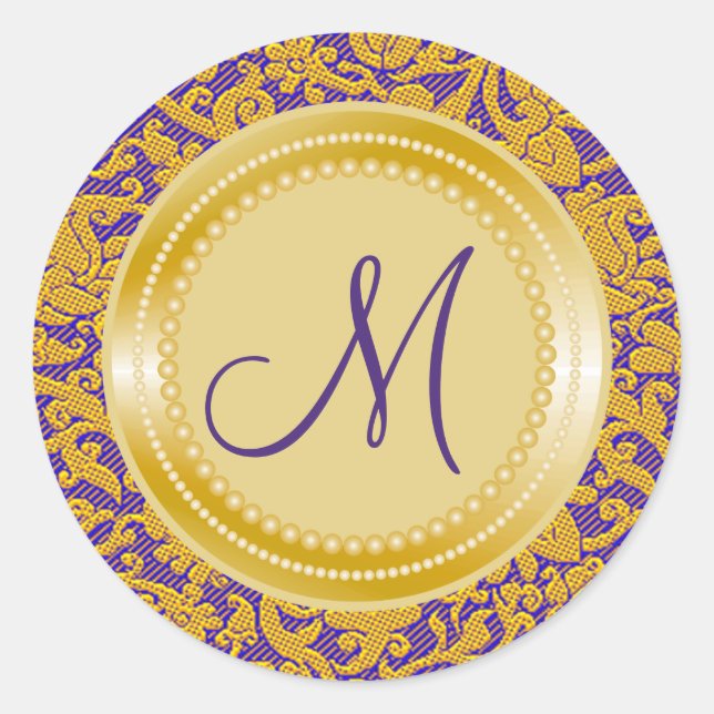 Sticker Rond Monogramme de Mariage or Motif violet Brocade (Devant)