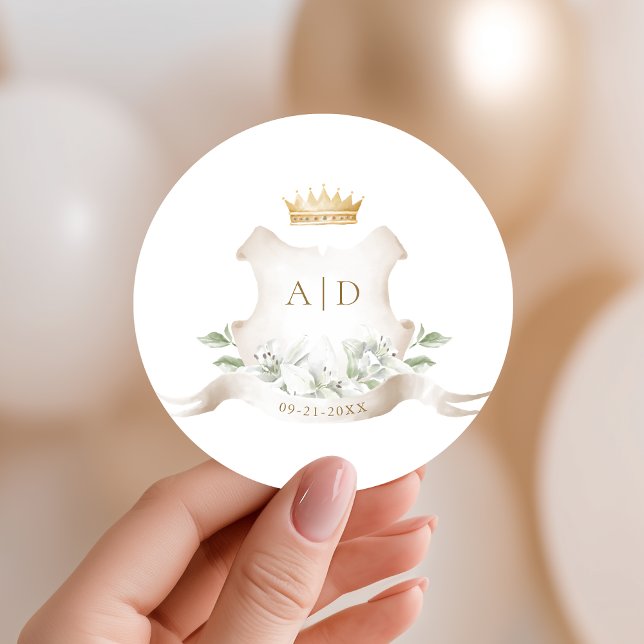 Sticker Rond Monogramme de Mariage royal de la Couronne Gold Cr (Créateur téléchargé)