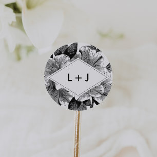 Sticker Rond Monogramme de Mariage Vintage noir et blanc