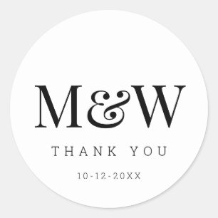 Sticker Rond Monogramme de mariée blanche noire moderne Merci