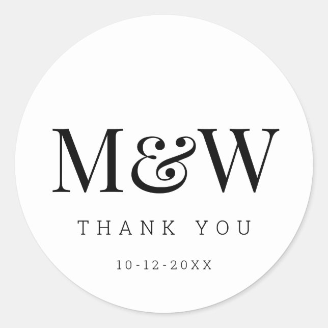 Sticker Rond Monogramme de mariée blanche noire moderne Merci (Devant)