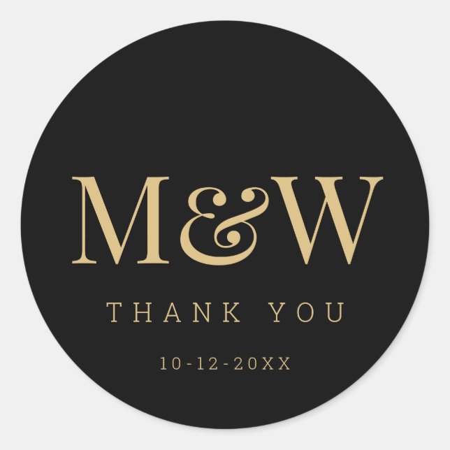 Sticker Rond Monogramme de mariée d'or noir moderne Merci (Devant)