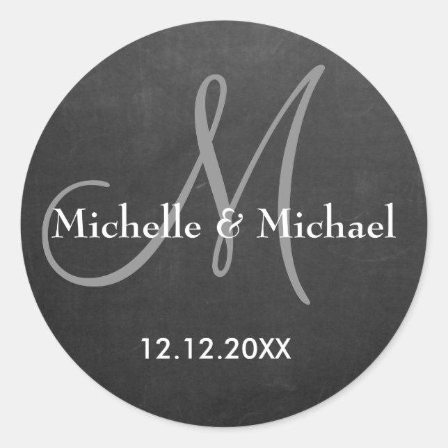 Sticker Rond Monogramme De Mariée Et De Pièce De Chalkboard (Devant)