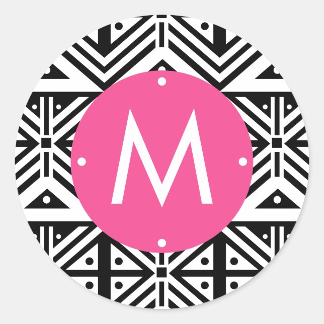 Sticker Rond Monogramme de Motif tribal géométrique rose-noir (Devant)