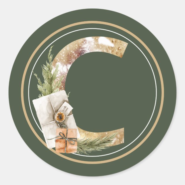 Sticker Rond Monogramme de Noël Boho C avec paquets (Devant)