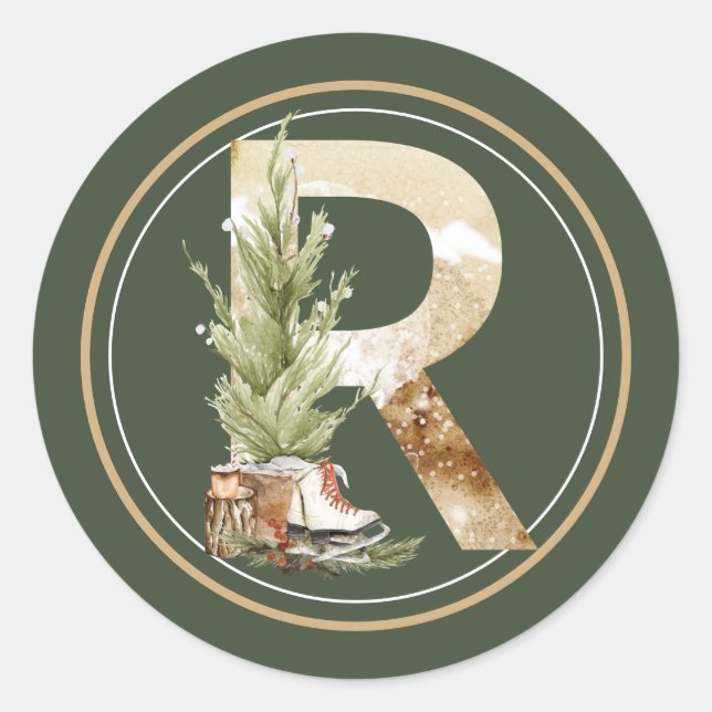 Sticker Rond Monogramme de Noël Boho R avec arbre et patins (Devant)