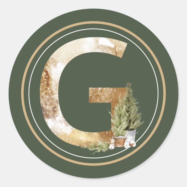 Sticker Rond Monogramme de Noël de Boho G avec pins (Devant)