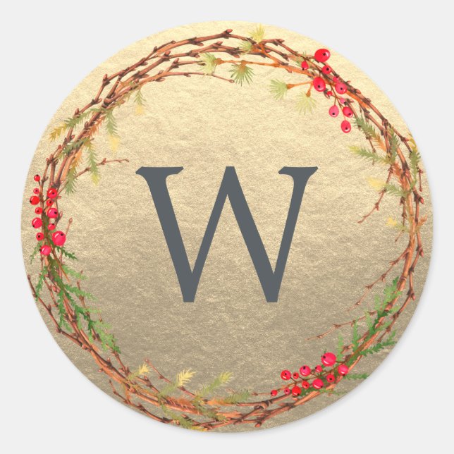 Sticker Rond Monogramme de Noël Vert hiver Wreath Gold (Devant)