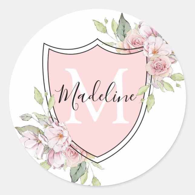 Sticker Rond Monogramme de nom de crête de roses roses (Devant)