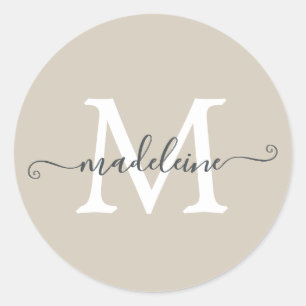 Sticker Rond Monogramme de nom de script personnalisé beige cha