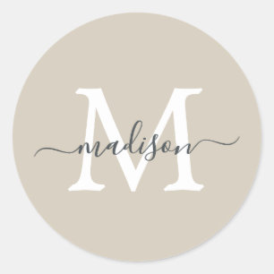 Sticker Rond Monogramme de nom de script personnalisé beige cha