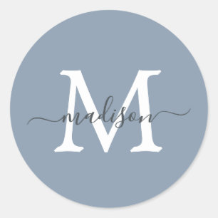 Sticker Rond Monogramme de nom de script personnalisé Bleu pous