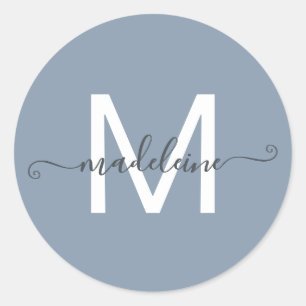Sticker Rond Monogramme de nom de script personnalisé Bleu pous
