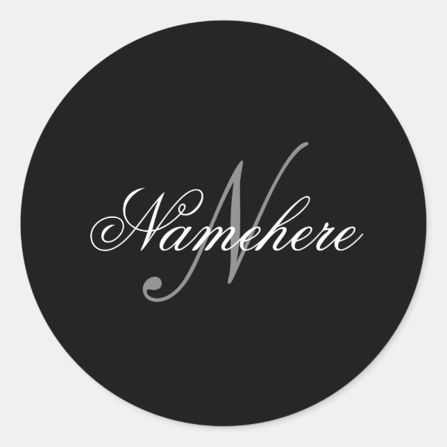 Sticker Rond Monogramme de nom noir et blanc personnalisé uniqu (Devant)