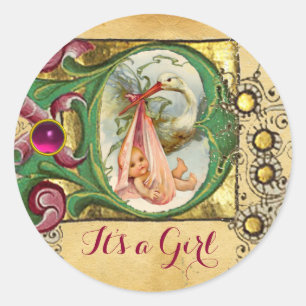 STICKER ROND MONOGRAMME DE PARCHEMENT FLORAL DU BABY SHOWER DE 