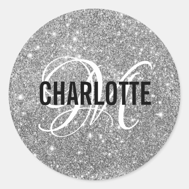 Sticker Rond Monogramme de parties scintillant argentée nom Sti (Devant)