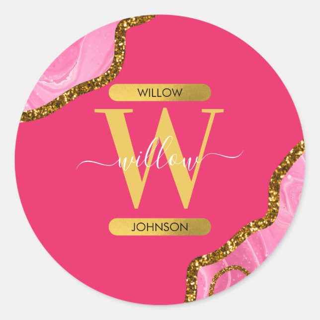 Sticker Rond Monogramme de Parties scintillant de l'âge rose et (Devant)