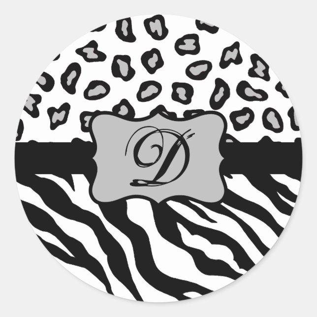 Sticker Rond Monogramme de peau de léopard blanc noir (Devant)
