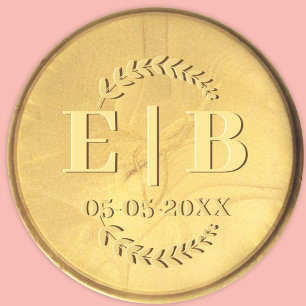 Sticker Rond Monogramme de phoque d'or Date Antique Mariage élé