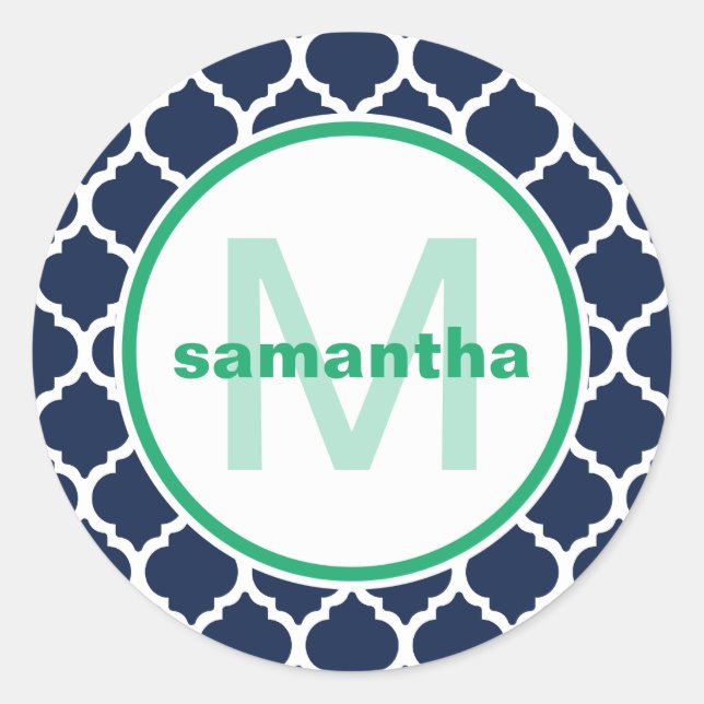Sticker Rond Monogramme de Quatrefoil bleu et vert (Devant)
